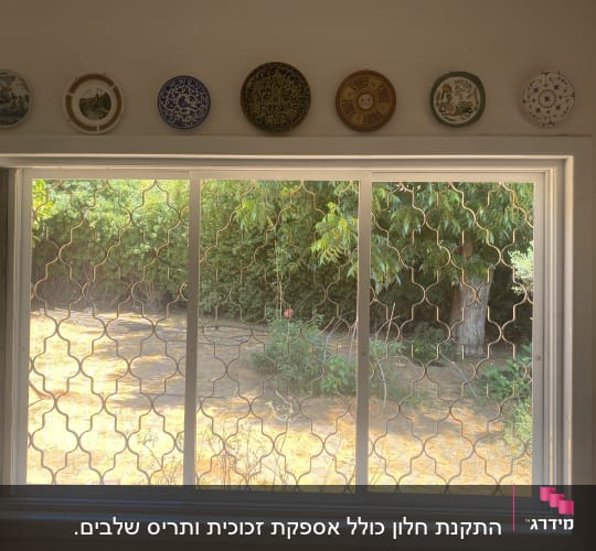 חלון עם סורגי אלומיניום ועצים ברקע